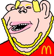 albino amerimutt balding black_sclera clothes ear mcdonalds open_mouth pink_lips red_eyes soyjak stubble subvariant:impish_amerimutt variant:impish_soyak_ears white_skin yellow_eyebrows yellow_hair yellow_stubble // 598x628 // 77.6KB