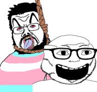 2soyjaks beard bloodshot_eyes hanging noose open_mouth soyjak tongue tranny variant:corejak variant:roundjak // 603x572 // 140.3KB