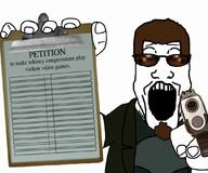 brown_hair clipboard clothes glasses goatee gun hair hand holding_object open_mouth petition pistol postal postal_dude soyjak text variant:markiplier_soyjak video_game // 1080x901 // 42.9KB