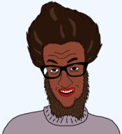 beard black_skin brown_skin clothes glasses hair smile soyjak variant:jimmy_numale // 1296x1425 // 56.3KB