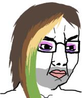 angry brown_hair colorful_hair glasses hair makeup soyjak stubble tranny variant:chudjak // 645x770 // 22.6KB