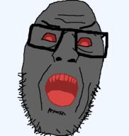 angry glasses grey_skin open_mouth red_eyes sharp_teeth soyjak stubble variant:unknown // 521x549 // 10.8KB