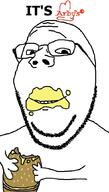 arbys arm cheese closed_mouth food glasses hamburger hand holding_object its_over looking_at_you smile soyjak stubble subvariant:wholesome_soyjak teeth text variant:cobson variant:gapejak // 600x1053 // 88.8KB