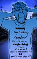 arm blue_skin calm clothes forest freckles full_body glasses hand insane open_mouth pine_tree river soyjak stubble text tshirt variant:tewi vein // 357x563 // 237.1KB