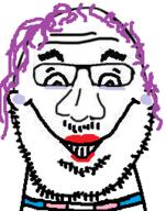 flag flag:transgender_pride_flag glasses lipstick purple_hair smile soyjak stubble tranny variant:unknown // 200x255 // 36.1KB