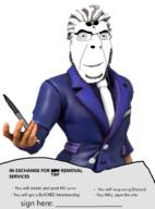 arm bbc clothes covington_farms discord full_body gem glasses hair hand heroforge membership_card pen queen_of_spades sign smirk soyjak suit tattoo text twp variant:cobson white_hair // 1181x1598 // 767.7KB