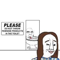 2soyjaks blood brown_hair closed_mouth clothes female glasses long_hair open_mouth sign smile smirk smug stubble subvariant:trad_wife tampon text toilet variant:chudjak variant:cobson // 1500x1500 // 67.1KB