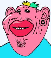 acne closed_mouth colorful_hair ear green_hair mustache pink_skin pooner smile soyjak stubble variant:impish_soyak_ears yellow_hair // 574x647 // 69.7KB