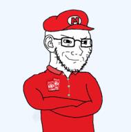 closed_mouth clothes crossed_arms ear glasses hat nintendo red_shirt smile smug soyjak variant:soyak video_game // 728x737 // 114.9KB