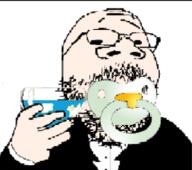 baby beer bleach bowtie clorox clothes glass glasses hair hand hat holding_object low_quality pacifier smile soyjak stubble toast tuxedo underage_drinking variant:gapejak // 398x352 // 70.2KB