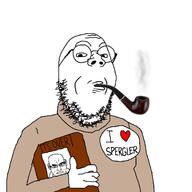 2soyjaks angry arm badge book closed_mouth ear glasses hand heart holding_book holding_object i_love its_over lit_(4chan) oswald_spengler pipe round_glasses smoking smug soyjak stubble subvariant:chudjak_front sweater text variant:chudjak variant:gapejak // 1500x1500 // 160.2KB