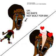 arm bloodshot_eyes brown_skin buck_breaking bwc clothes flag full_body glasses hair hand heart leg meta:pornographic_content nigger open_mouth pan_african penis redraw soyjak stubble text tshirt variant:soyak white_skin // 1000x1000 // 353.2KB