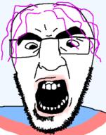 flag:transgender_pride_flag glasses open_mouth purple_hair stubble teeth teeth_showing tranny troon variant:godjak // 200x255 // 14.4KB