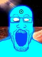 capeshit dr_manhattan glasses glowing hair markiplier open_mouth soyjak star stubble teeth variant:markiplier_soyjak watchmen // 750x1000 // 442.7KB