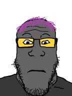 closed_mouth glasses grey_skin hair lolkek neutral purple_hair soot_colors soyjak stubble subvariant:neutralplier tranny variant:markiplier_soyjak // 600x800 // 88.6KB