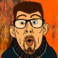 beard brown_hair ear glasses goatee gordon_freeman green_eyes hair half-life hev_suit lips open_mouth orange_background sound soyjak stubble thick_eyebrows valve variant:nojak video // 1920x1920, 31.6s // 44.1MB