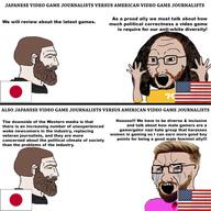 2soyjaks beard bloodshot_eyes brown_hair clothes crying excited flag game_journalist glasses hair hand hands_up japan kotaku mustache nordic_chad open_mouth politics polygon soyjak soyjak_comic star text united_states variant:soyak video_game white_skin wordswordswords yellow_hair // 960x960 // 453.2KB