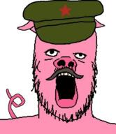 chinese_communist_party clothes ear hat mustache open_mouth pig pink_skin snout soyjak stubble tail variant:a24_slowburn_soyjak yellow_teeth // 454x526 // 166.6KB