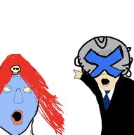 2soyjaks arm clothes hair hand marvel necktie open_mouth pointing red_hair soyjak suit variant:two_pointing_soyjaks // 694x699 // 88.7KB