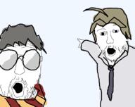 2soyjaks arm glasses hand hisao_nakai katawa_shoujo kenji_setou looking_at_you mustache open_mouth pointing scarf soyjak stubble variant:two_pointing_soyjaks // 1139x900 // 172.5KB