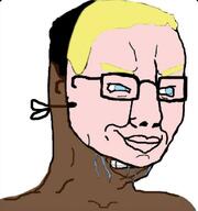 black_skin blue_eyes clenched_teeth closed_mouth crying glasses hair mask shitskin_wearing_a_white_facemask smile smug soyjak variant:chudjak white_skin yellow_hair // 764x817 // 99.1KB