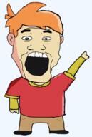 clothes full_body hair ls_mark open_mouth orange_hair pointing pun red_shirt shoe soyjak stubble variant:markiplier_soyjak youtuber // 360x535 // 74.4KB