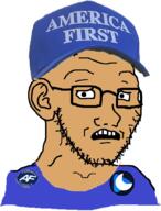 america_first badge brown_skin cap clothes cozy_tv ear glasses hat nick_fuentes open_mouth scared soyjak stubble subvariant:soyak_(concerned) variant:soyak // 744x976 // 444.2KB