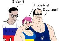angry big_breasts blush breasts buff choker clothes enbie female flag frown gigachud glasses hair nato pink_hair russia russo_ukrainian_war soyjak subvariant:chudjak_seething sunglasses text ukraine variant:chudjak white_skin // 1080x757 // 78.9KB
