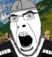 building clothes gazyr georgia glasses hat irl_background mountain open_mouth soyjak stubble variant:cobson // 619x678 // 227.5KB