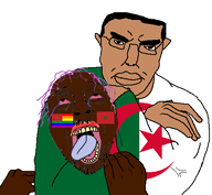 algeria black_skin brown_skin choke_hold flag:algeria flag:lgbt_pride_flag flag:morocco glasses morocco muscles open_mouth pink_skin soyjak star_and_crescent star_of_david stubble the_weak_should_fear_the_strong tongue tongue_out tranny variant:bernd variant:chudjak // 499x461 // 65.8KB