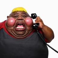 black_skin blush character:hunky clothes fat full_body meta:ai_generated obese phone red_shirt shouting subvariant:fat_alicia subvariant:hunky_twink_sex_machine trend:doctos tshirt variant:alicia yellow_hair // 560x560, 3.8s // 758.9KB