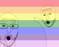 arm flag glasses hand lgbt open_mouth pointing soyjak stubble variant:two_pointing_soyjaks // 750x593 // 129.3KB