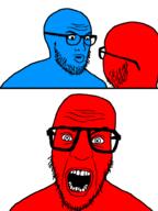 3soyjaks blue blue_skin glasses open_mouth red red_skin soyjak stubble variant:nerdjak // 739x987 // 26.4KB