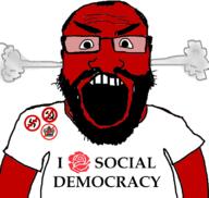 angry arm beard clothes communism fume glasses hair hammer_and_sickle i_love monarchy nazism no_symbol open_mouth red_skin smoke social_democracy soyjak subvariant:science_lover swastika text tshirt variant:markiplier_soyjak // 800x759 // 171.5KB