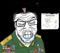 animal army balding brainlet closed_eyes clothes cyrillic_text drool flag glasses grey_hair hair map medal pig russia small_brain soyjak stubble teeth text uniform variant:feraljak z_(russian_symbol) // 1024x913 // 113.6KB