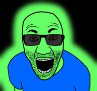 clothes glasses glowing green_skin open_mouth soyjak stubble sunglasses trend:glowie tshirt variant:el_perro_rabioso // 427x400 // 36.5KB