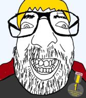 badge beard clothes glasses hair nate soot_colors soyjak soyjak_party variant:israeli_soyjak yellow_hair // 584x666 // 58.2KB