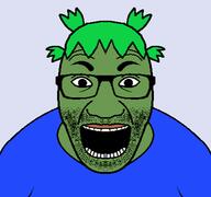 4chan anime clothes frog glasses green green_hair green_skin hair pepe soyjak stretched stubble tshirt variant:el_perro_rabioso yotsoyba // 427x400 // 24.5KB