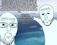 2soyjaks arm closed_mouth glasses hand irl_background mustache neutral pointing sea soyjak stubble text variant:two_pointing_soyjaks water // 750x593 // 516.6KB