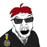 badge clothes glasses hair jerry necktie open_mouth red_hair soyjak spanish_text stubble suit sunglasses text variant:feraljak // 1500x1500 // 29.5KB