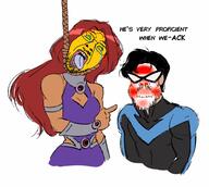 2soyjaks ack bloodshot_eyes closed_mouth clothes crying dc_comics dead glasses green_eyes hair hanging holding_breath mustache nightwing orange_skin red_hair red_skin rope soyjak starfire stubble suicide teen_titans text tongue tranny variant:a24_slowburn_soyjak variant:bernd yellow_teeth // 1931x1731 // 354.3KB