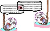bloodshot_eyes crying hanging hanging_troon meta:tagme ms_paint open_mouth profound_mental_retardation rope soyjak suicide text tongue troon ttd variant:bernd wordswordswords // 388x239 // 30.0KB