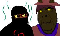 'p 2soyjaks angry brown_skin cat_ear clothes face_paint gemeraldiest_comments_section💎💎💎enter_as_you_please💎💎💎 glasses hair hat holding_laughter islam jimbo_(namefag) looking_at_each_other mask meta:namefags oneshot oneshot_pedo_nigger scarf staring stinky stubble variant:cobson variant:feraljak warrior-z_(user) yellow_sclera // 1400x850 // 55.8KB