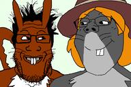 2soyjaks animal are_you_soying_what_im_soying brown_skin buck_teeth closed_mouth clothes ear femjak glasses grey_skin hair hat looking_at_each_other smile soyjak stubble subvariant:gapejak_female tail trend:squirreljakking variant:gapejak variant:markiplier_soyjak yellow_hair // 1200x800 // 286.1KB