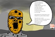 black_eyes black_sclera brown_skin dante forehead_lines forehead_wrinkles glasses grey_skin hole hollow hollow_men mustache no_teeth open_mouth orange_skin shirtless sign soul soyjak speech_bubble stubble text ts_eliot variant:a24_slowburn_soyjak void // 914x621 // 250.4KB