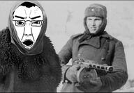 angry black_and_white clothes coat communism facing_front fascism germany glasses glove great_patriotic_war hair hat irl_background nose open_mouth ppsh prisoner russia shaved snow soviet_union soyjak star subvariant:chudjak_front variant:chudjak vein world_war_2 // 1279x892 // 1.1MB