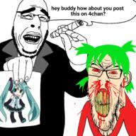 4chan angry anime blood bloodshot_eyes cigar clenched_teeth closed_eyes clothes cracked_teeth ear glasses green_hair hair happy hatsune_miku laughing le_qa_dance looking_at_you mustache nosebleed open_mouth paper pigtails rage_comic red_eyes soyjak speech_bubble stubble subvariant:feralrage tshirt variant:cobson variant:feraljak vein white_skin yao_ming yellow_teeth yotsoyba // 2048x2048 // 1.7MB