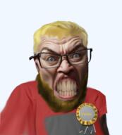 angry badge glasses meta:ai_generated nate realistic red_shirt teeth variant:feraljak yellow_hair // 540x600 // 232.8KB