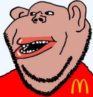 amerimutt looking_to_the_left mcdonalds mutt open_mouth pink_skin remastered soyjak stubble subvariant:impish_amerimutt teeth upscaled variant:impish_soyak_ears // 2392x2512 // 1.3MB