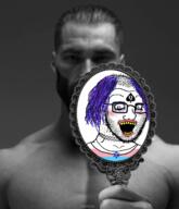 choker chud_(boorufag) chud_(soybooru) crazed flag:transgender_pride_flag gigachad glasses holding_object judaism mirror open_mouth purple_hair queen_of_spades remphan star_of_david stubble subvariant:crazed_troonjak subvariant:soyak_(crazed) tranny troon variant:soyak yelow_teeth // 1075x1250 // 736.3KB